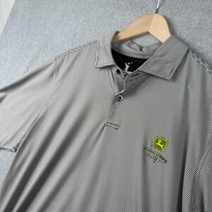 John Deere Classic Polo Shirt Mens Large Gray Striped Golf Performance F&G Tech